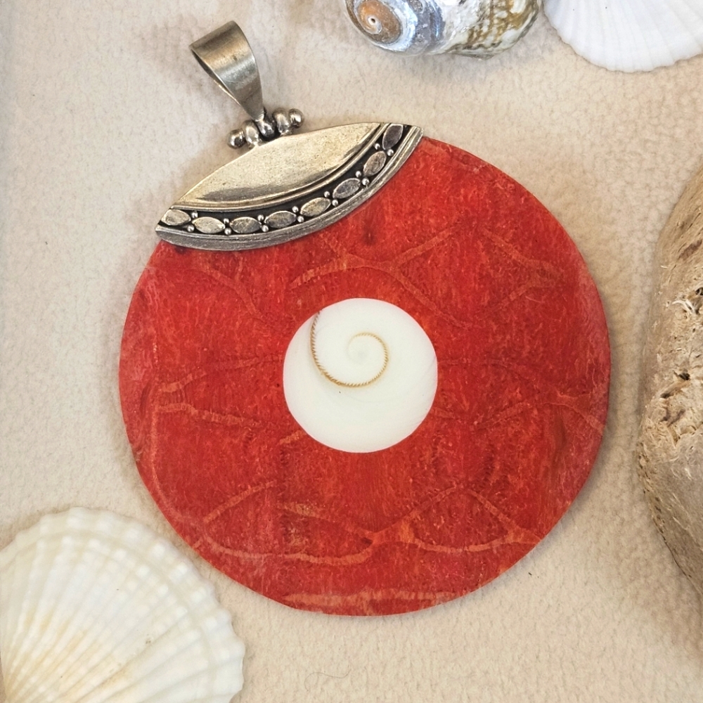 Red Coral & Mother of Pearl Shell Sterling Silver Shiva Spiral of Life Pendant